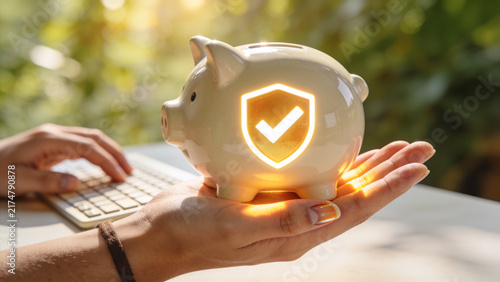 Secure Savings and Financial Protection, Verified Piggy Bank with Security Shield and Checkmark