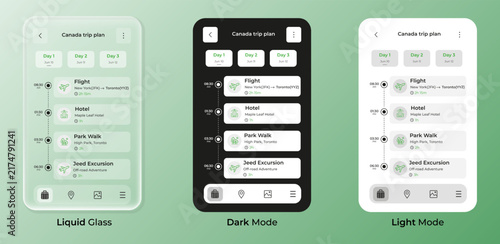 Glassmorphic Travel Planner Mobile App UI UX Interface Design Template with Liquid Glass, Dark, and Light Modes