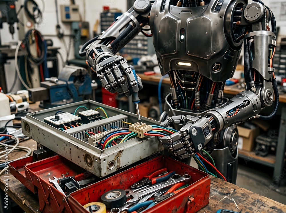 Fototapeta premium Humanoid Robot Repairing Electronic Circuit Board in Workshop