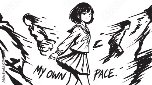 Motivational My Own Pace Text, Manga Girl Walking Slowly Past Blurry Running People, Anime Running Rivals Concept