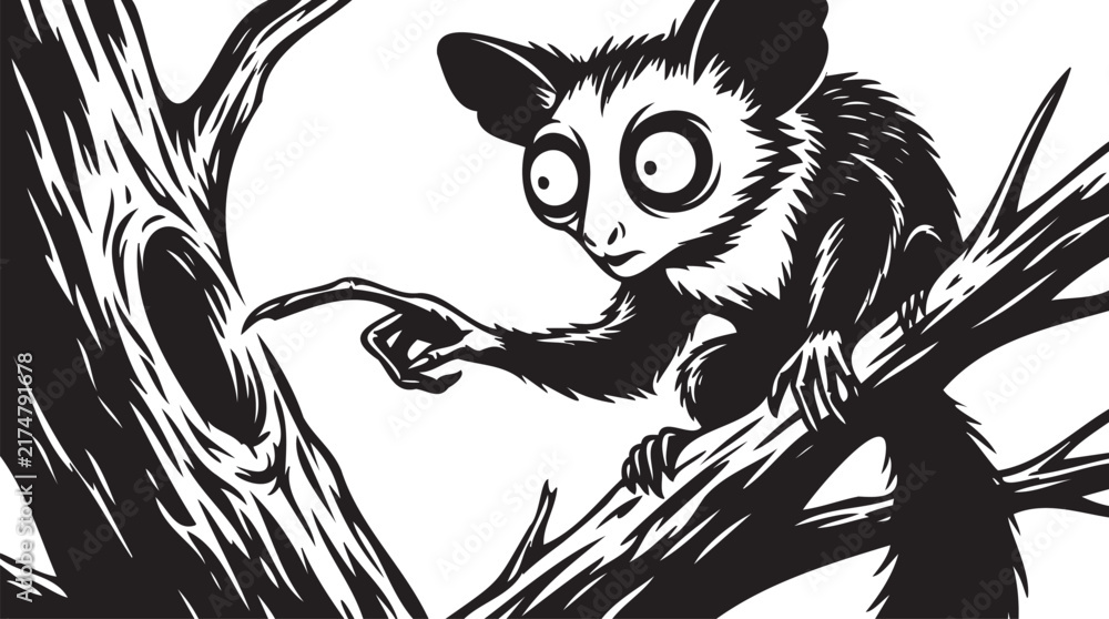 Fototapeta premium Cute cartoon fox squirrel climbing tree branch. Black and white vector illustration of cute forest rodent animal. Sketch style design for children's books, nature education, and zoo themes