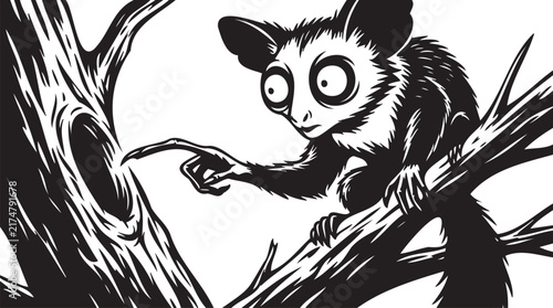 Cute cartoon fox squirrel climbing tree branch. Black and white vector illustration of cute forest rodent animal. Sketch style design for children's books, nature education, and zoo themes