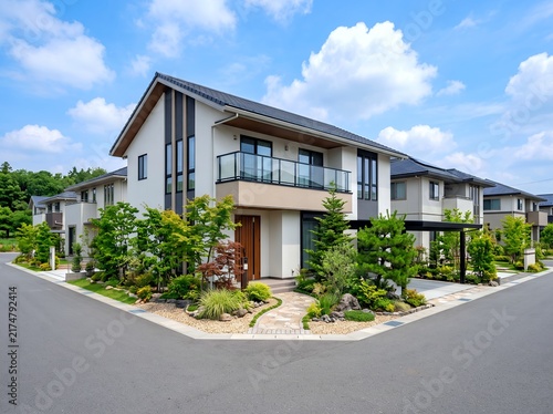 新築一戸建て住宅のモダンな外観青空広がる分譲地