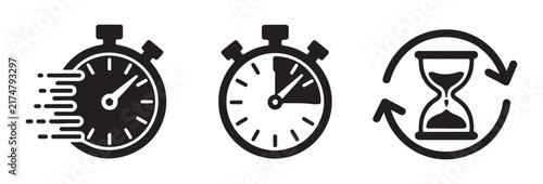 Foto Black timer and hourglass icons set symbolizes fast time delivery countdown and endless rotation