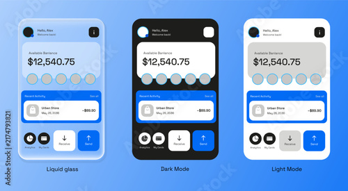 Glassmorphism Fintech Banking Mobile App UI UX Interface Design Template Set with Liquid Glass, Dark, and Light Modes