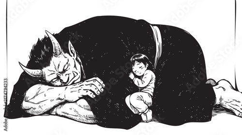 Foto Monochrome illustration of a sleeping demon and child