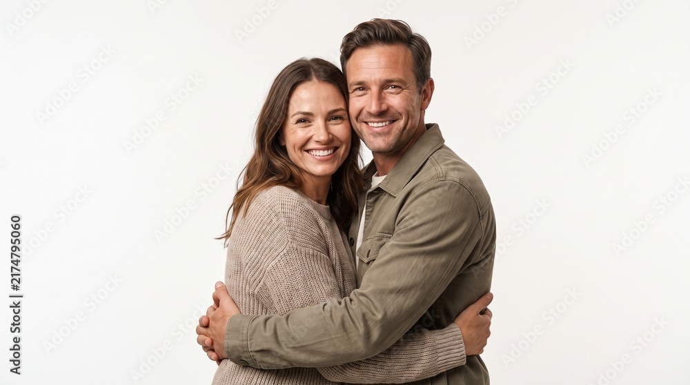 Fototapeta premium Couple shares a warm embrace, smiling widely against a neutral background that enhances their joyful connection and relationship.