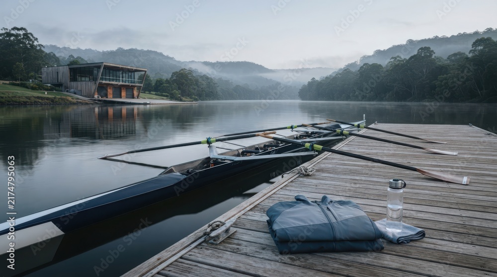Naklejka premium A sleek professional rowing boat parked at a wooden dock on a calm misty lake during a peaceful early morning sunrise