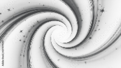 Abstract monochrome halftone swirl pattern with dynamic circular dotted radial motion