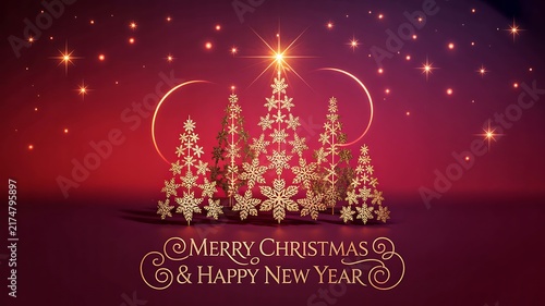 Christmas greeting card with golden festive trees ornaments stars and merry christmas message on elegant red background