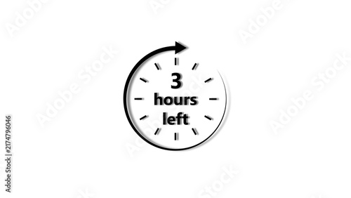 Clock 3 hour's icon black color 4k illustration. 3 hour countdown timer white background 4k illustration.