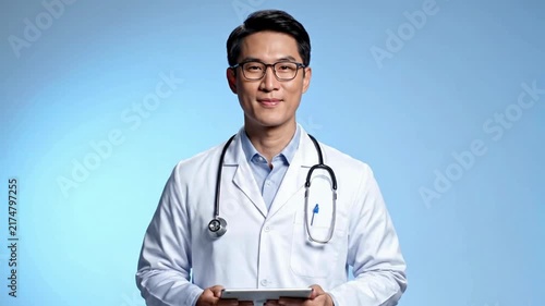 A friendly male doctor reviews information on a generic tablet before looking toward the viewer and giving a reassuring nod. The clean blue medical setting communicates professionalism, trust, healthc