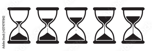 Collection of hourglass icons featuring different levels of falling sand for time measurement usage.