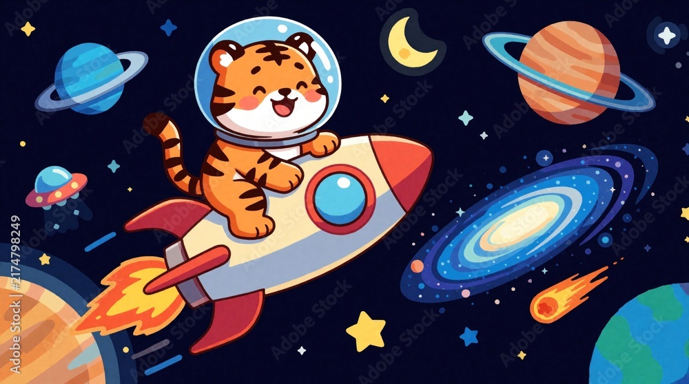 Naklejka premium Cute cartoon tiger astronaut rides fast rocket through outer space. Playful orange animal explores galaxy with colorful planets, shining stars, swirling nebula. Fun cosmic adventure scene features