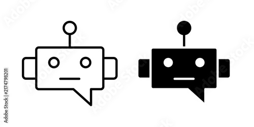 Chatbot speech bubble icon in outline and solid style, isolated on white background. Ideal for AI chat, automated response, and virtual assistant features in mobile and web design.
