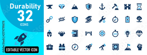 Foto Set of thirty two blue durability icon designs representing strength resilience
