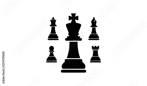 Foto Chess King and Classic Chess Pieces Black Silhouette Minimal Vector