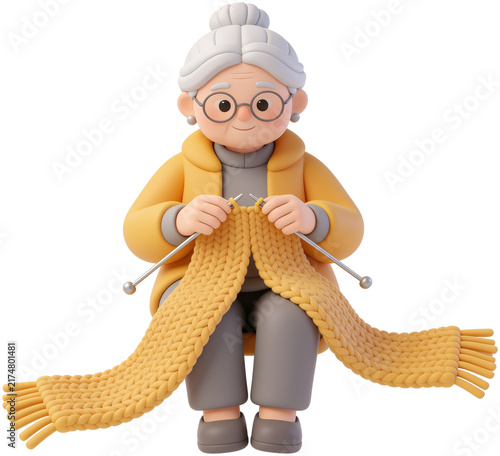 Cute 3d grandmother character sitting and knitting a yellow scarf with needles