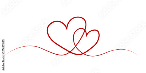 Bild auf Leinwand Romantic red continuous line drawing with intertwined heart shapes on a white background
