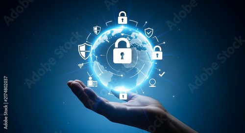 Hand holding glowing digital globe with cybersecurity padlock icons for data protection.
