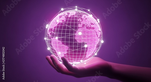 Hand Holding Digital Globe with Neon Lights and Data Network