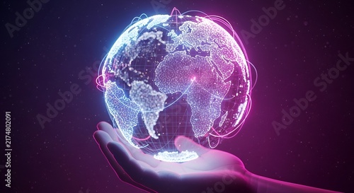 Hand Holding Digital Globe with Glowing Earth and Data Network