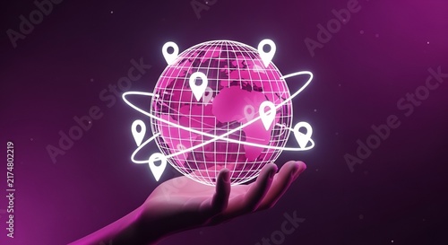 Digital Network Globe with Location Pins and Data Connections