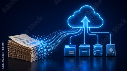 Obraz na płótnie Cloud upload data migration showing physical documents dissolving into digital pixels and transferring to secure virtual network storage