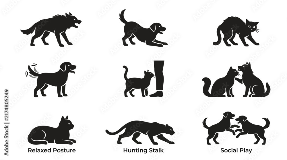 Fototapeta premium Dogs in Various Playful Poses Silhouettes.
