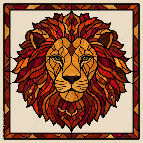 Majestic Lion Head Portrait in Stained Glass Mosaic Style with Warm Autumn Colors
