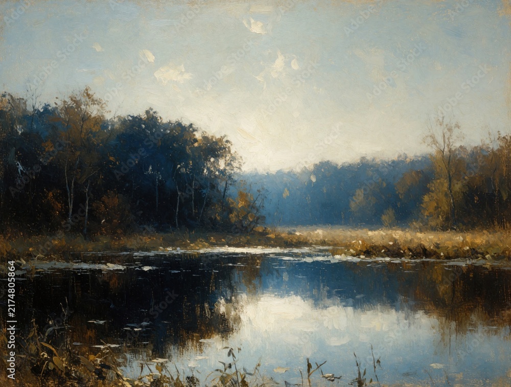 Obraz premium Calm lake reflects cloudy sky. Trees and reeds frame tranquil water scene. Peaceful natural landscape painting, serene atmosphere, autumn colors.
