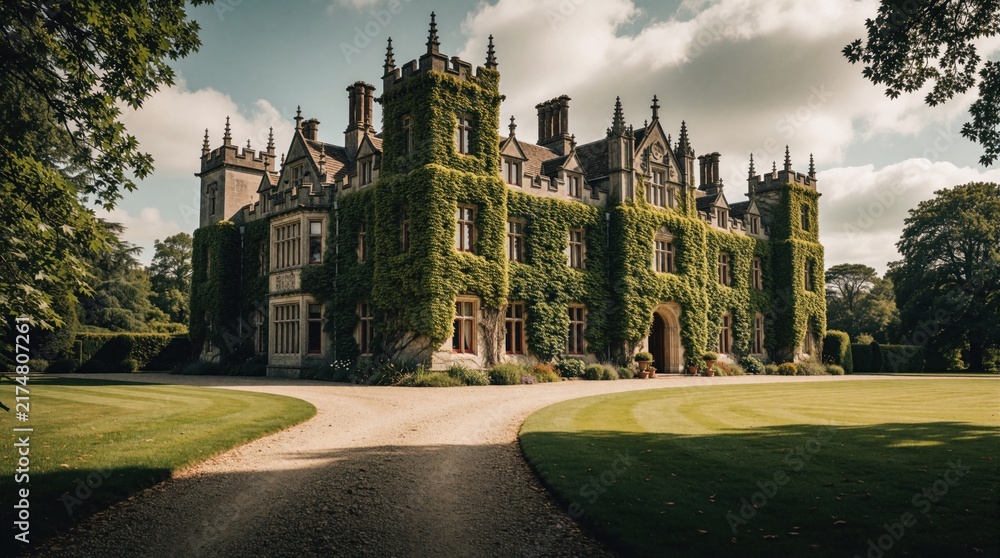 Obraz premium Large historic English manor house covered in green ivy. Stone mansion features classic architecture with many towers, chimneys. Well maintained lawn, gravel driveway surround luxury estate in