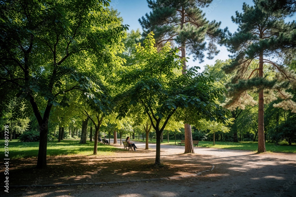 Obraz premium Green trees line a park path with people resting on benches. Sunlight filters through leaves onto grass and walkway. A peaceful outdoor scene on a bright day.