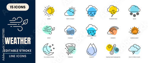 Set of 15 weather line icons, including sun, rain, cloud, snow, wind, storm, and temperature, featuring editable strokes for versatile design use