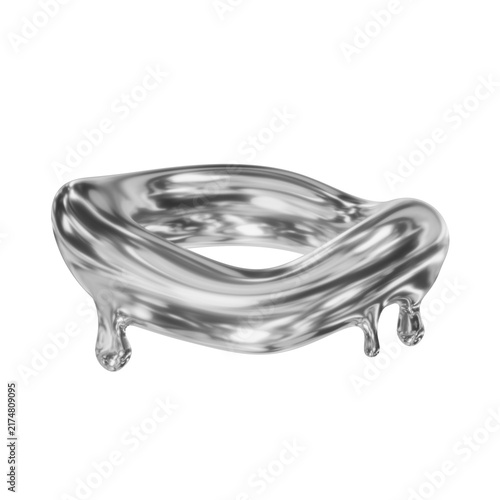 Dripping melted silver chrome 3d torus ring liquid icon in retro y2k style