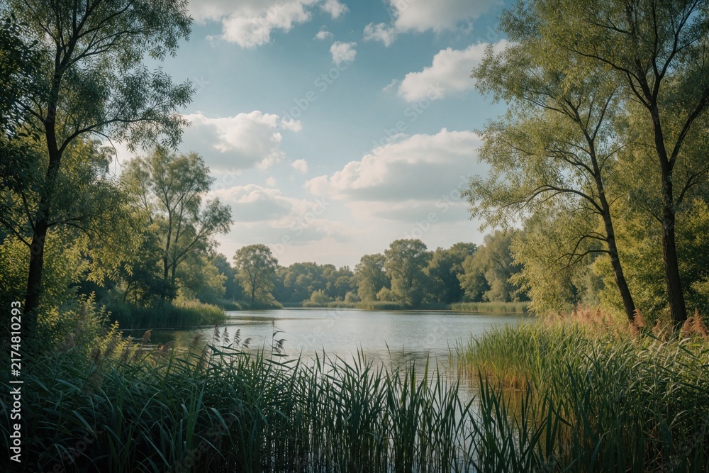 Naklejka premium Summer landscape with calm lake surrounded by rich green forest. Tall trees, reeds grow near water edge under blue sky with white clouds. Peaceful nature scene for outdoor travel ecology background.