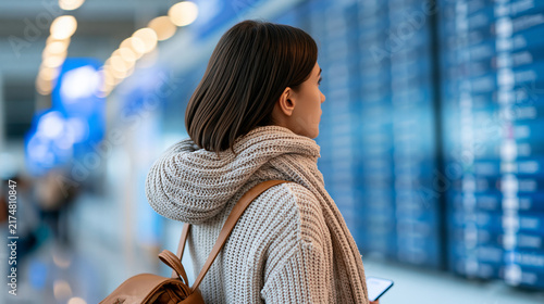 Faceless woman checking departures board at airport, defocused travel schedule consultation, flight information viewing moment, with copy space