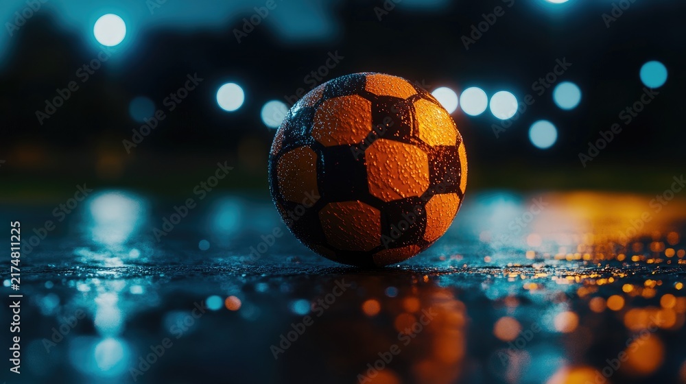 Naklejka premium The image features a close up view of a soccer ball resting on a wet surface, illuminated by colorful lights in the background