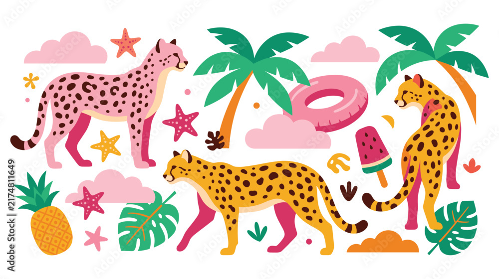 Obraz premium Tropical cheetah wildlife pattern with summer fruits and clouds.