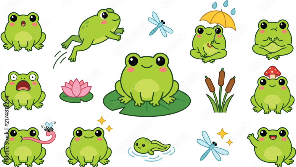 Fototapeta premium Cute Cute Frog Character Icon Set with Kawaii Green Toads Jumping Eating Flies Sitting on Lily Pad and Holding Umbrella Vectors