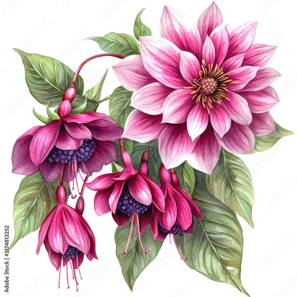 Obraz premium The image features a detailed botanical illustration of a flowering plant with large, vibrant blooms and lush green leaves