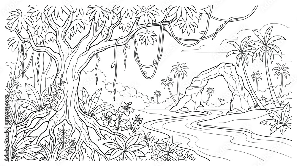 Obraz premium Jungle landscape coloring page with a winding river and stone arch.