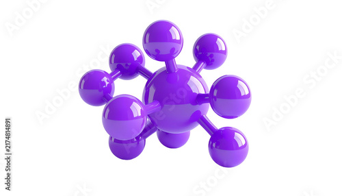 A vibrant, glossy violet molecular structure floats isolated against a stark black background. It is a 3D rendering
