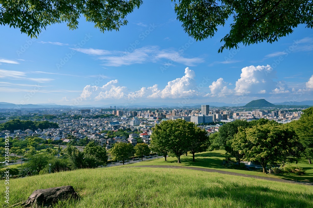 Obraz premium 青空と白い雲広がる緑豊かな丘から見下ろす日中の街並みパノラマ風景