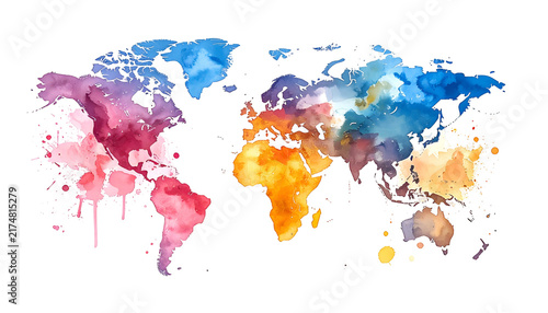 A vibrant watercolor representation of the world map, featuring splashes of color depicting continents and oceans against a stark black backdrop