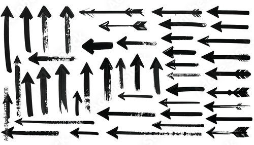 Assortment of dark gray hand-drawn arrows pointing in various directions, arranged against a stark black background