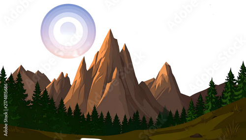 Cartoon night scene with mountains under a bright, full moon and starry sky. Forest foreground