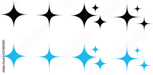 Set of black and blue star shape sparkles and twinkling light icons for graphic design projects