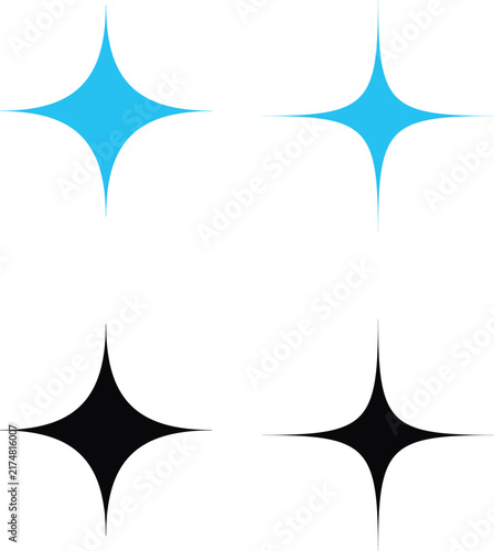 Set of four blue and black star or sparkle shape icons on a simple white background