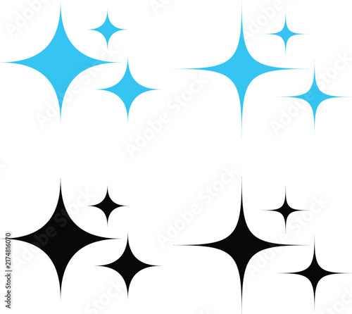 Set of blue and black sparkling star icons and glitter shapes for decoration and design projects